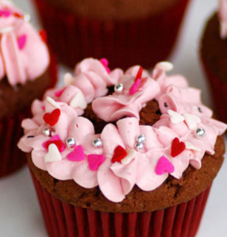 Red Velvet Cupcakes with Pink Blossom Icing