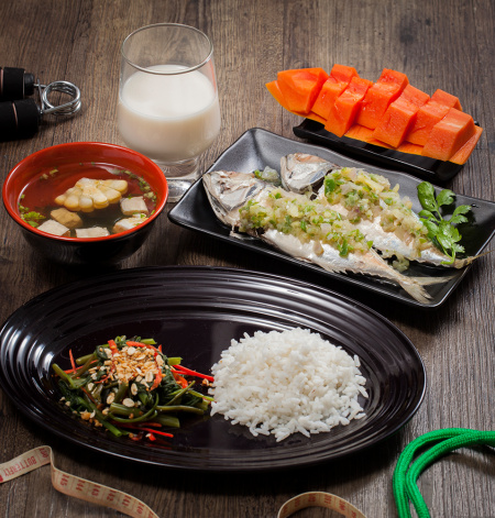 Delicious ginger steam fish with rice and some side dishes
